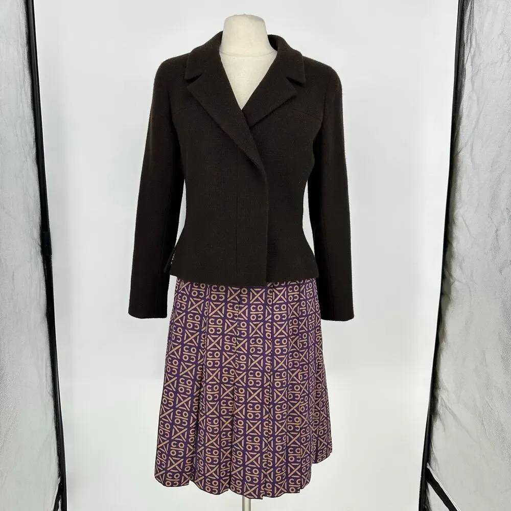 Vintage Y2K Runway CHANEL  FR 44 Blazer Skirt Set Chocolate Brown Cashmere Silk
